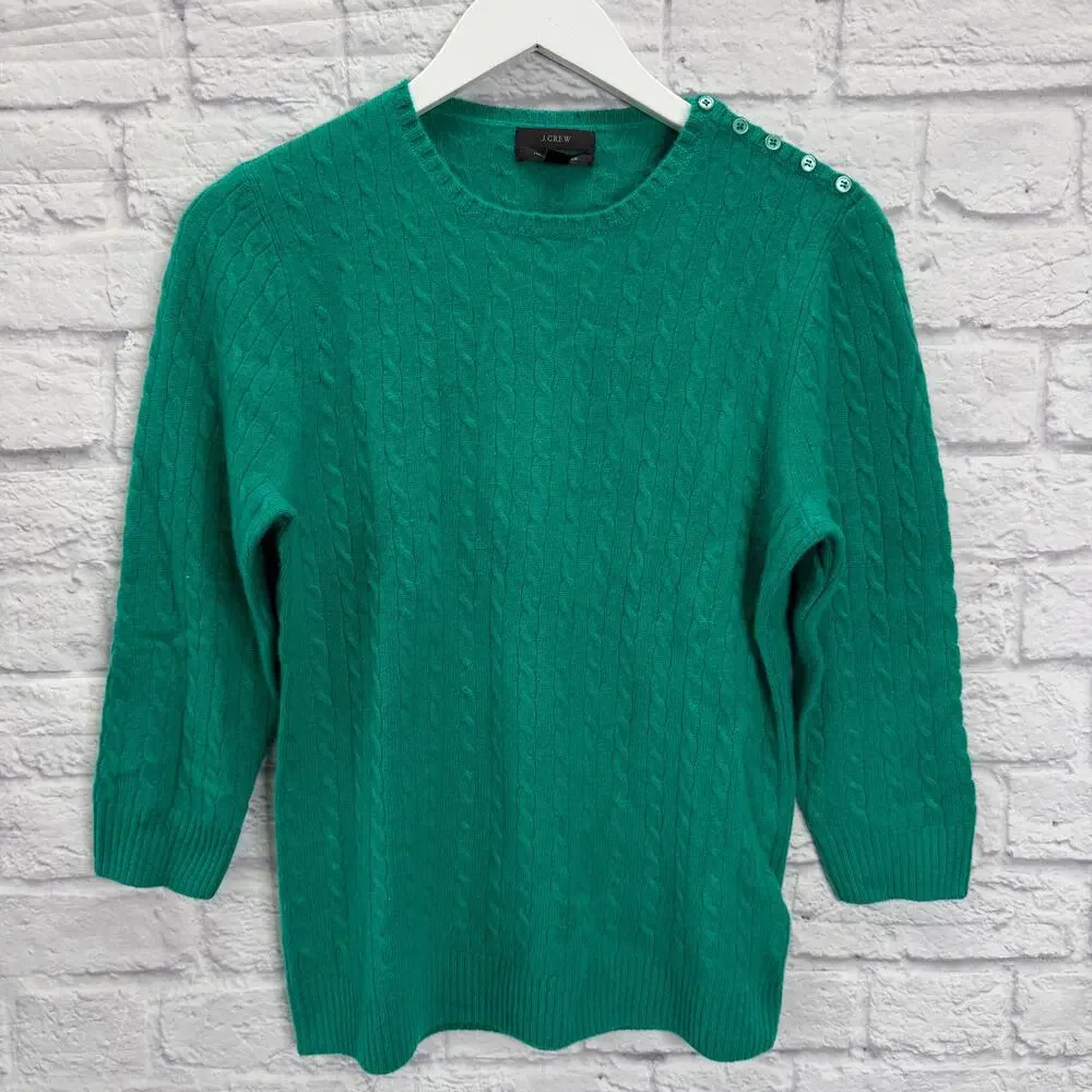 J.Crew Italian Cashmere Cable Knit Sweater Size M 3/4 Sleeve Kelly Green